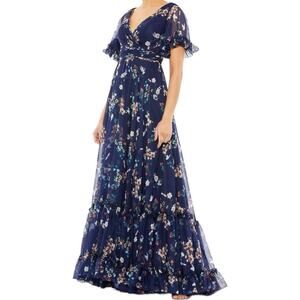 Mac Duggal Navy Floral Flounce Sleeve A-Line Gown Size 8
